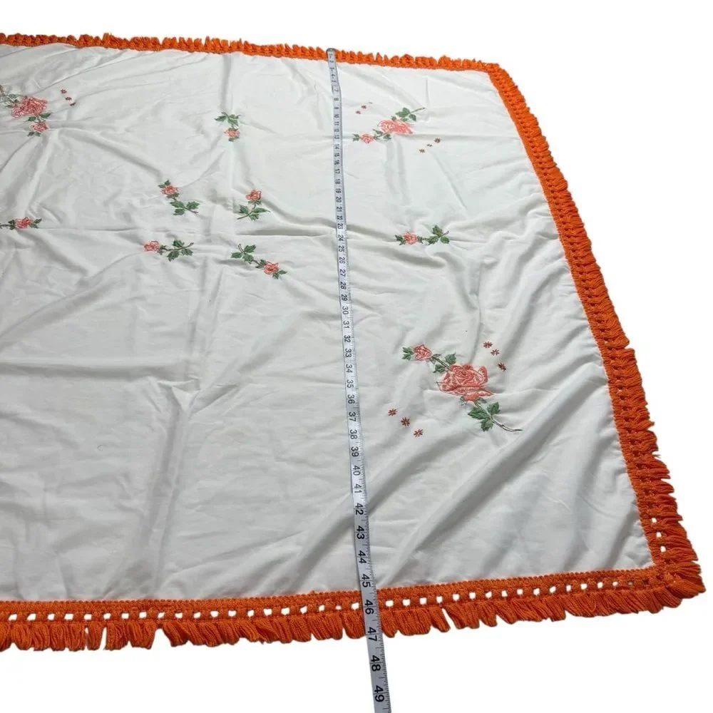 Vintage Hand Embroidered Floral Tablecloth Orange Fringe